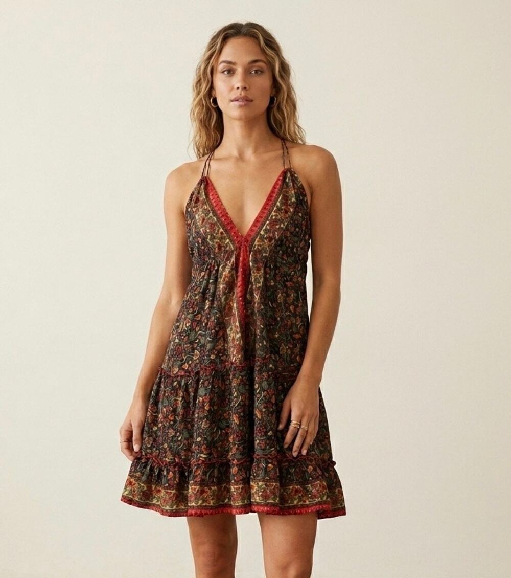 Zury India Silk Viscose Halter Dress Bohemian Festival Floral Tiered One Size